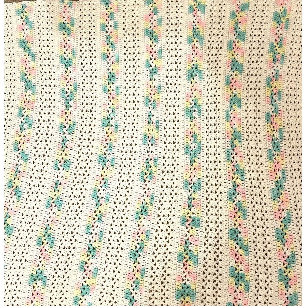 Baby Afghan Blanket Crochet White Pink Green 50 x 36 Handmade Nursery Lap Quilt